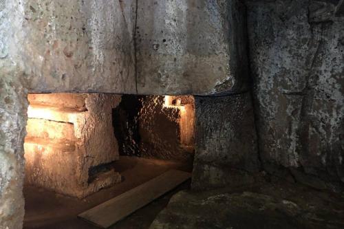 a dark room with a fireplace in a cave at Torre medievale Il Castellaccio in Civita Castellana