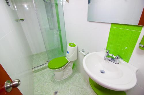 a bathroom with a green toilet and a sink at El Velero Apartamentos By DANP in Santa Marta
