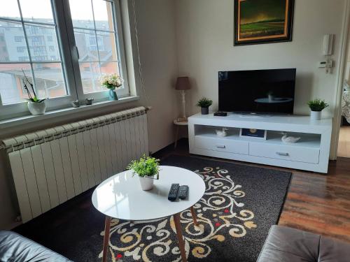 a living room with a television and a coffee table at Dream apartments in Novi Sad