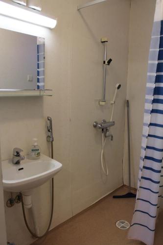 un baño con lavabo y ducha en Motel Willis West, en Ruka