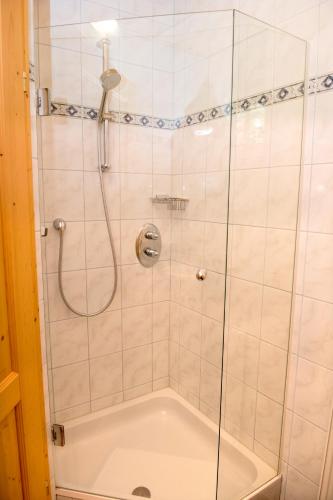a shower with a glass door and a tub at Gasthof Haudum in Helfenberg