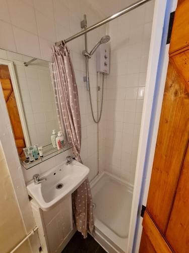 a bathroom with a shower and a sink at 17th-Century1Bed Studio PetsOk Garden Wifi in Elkesley