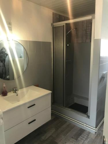 ein Bad mit einer Dusche und einem weißen Waschbecken in der Unterkunft « Dans les nuages » in Oderen
