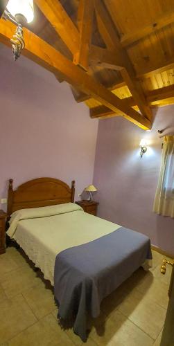 a bedroom with a bed in a room with wooden ceilings at Casarural Vallecillo in Vallecillo