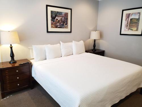 ein Schlafzimmer mit einem großen weißen Bett und zwei Lampen in der Unterkunft Coronado Inn in San Diego