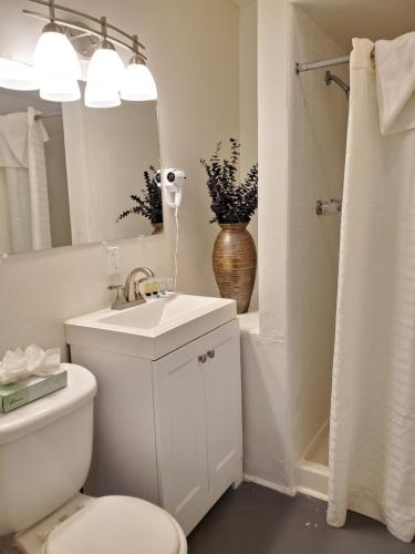 a bathroom with a toilet and a sink and a mirror at Coronado Island Inn in San Diego