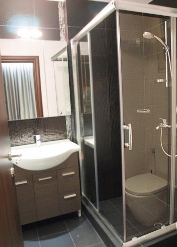 a bathroom with a shower and a sink and a toilet at Athens City Hotel in Athens