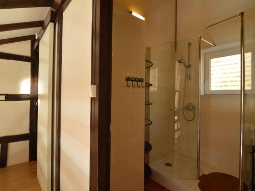 a bathroom with a shower and a glass shower stall at Holiday home with an Ardennian style, boasting a large terrace, located in Coo in Stavelot