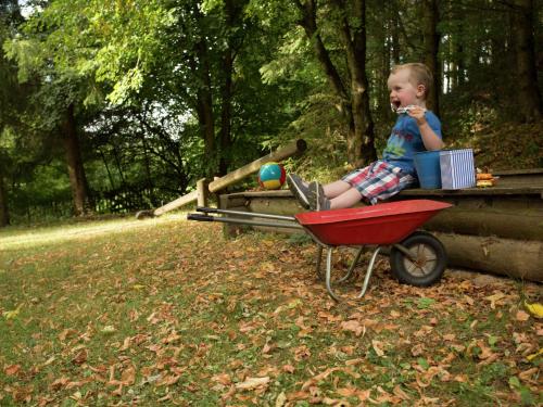 a young boy sitting on a bench with a red wagon at Chalet in Germany with Fireplace & Terrace in Schönecken