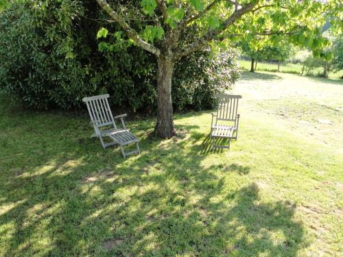 three chairs sitting in the grass under a tree at Apartment close to the sea in Chavenon