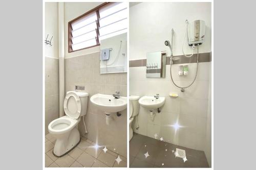 丹那拉打的住宿－LILY VACATION HOME at CAMERON HIGHLANDS - 12 PAX,FREE WiFi w CARPORCH，浴室的两张照片,配有卫生间和水槽
