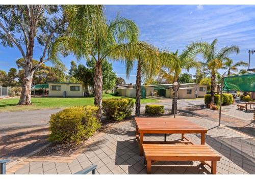 un parque con una mesa de picnic y palmeras en Discovery Parks - Lake Bonney, en Barmera