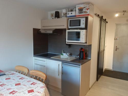 une petite cuisine avec un évier et un micro-ondes dans l'établissement Studio rénové, calme avec Terrasse S-O, prestations de qualité - Résidence Les Adraits, aux Rousses