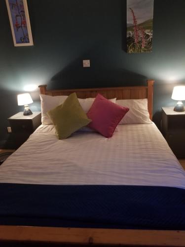 een slaapkamer met een bed met drie kussens erop bij Old Mill House. Dingle Town in Dingle