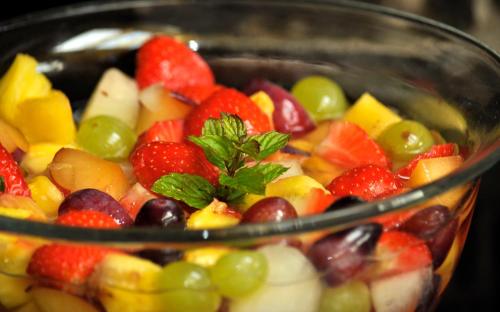 a glass bowl filled with fruits and vegetables at Highfield House Guesthouse in Trim