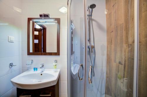 a bathroom with a sink and a shower at Głowatka in Łączki