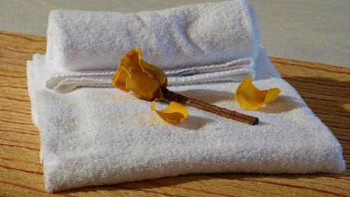 un asciugamano bianco con un cucchiaio e fiori gialli sopra di Agriturismo Ai Due Volti a Dossobuono