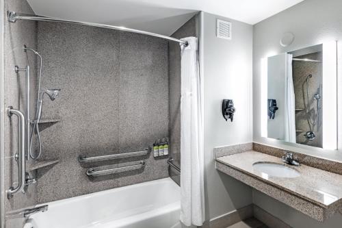 La salle de bains est pourvue d'une baignoire, d'un lavabo et d'une douche. dans l'établissement Holiday Inn Express and Suites Pryor, an IHG Hotel, à Lusta