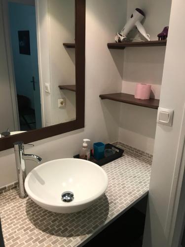 een badkamer met een witte wastafel en een spiegel bij Résidence Bleu Marine in Le Gosier