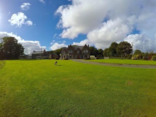 una persona en un gran campo con una casa en Lake House en Dunmanway