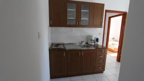 kuchnia z drewnianymi szafkami i zlewem w obiekcie Apartments Ravlic w mieście Malinska