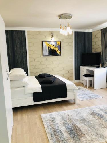Un dormitorio con cama, escritorio y televisión. en The Classic Studio, en Buzău