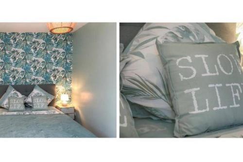 two pictures of a bed with a pillow that says stop them at Elégance Art Déco en bord de Loire in Blois