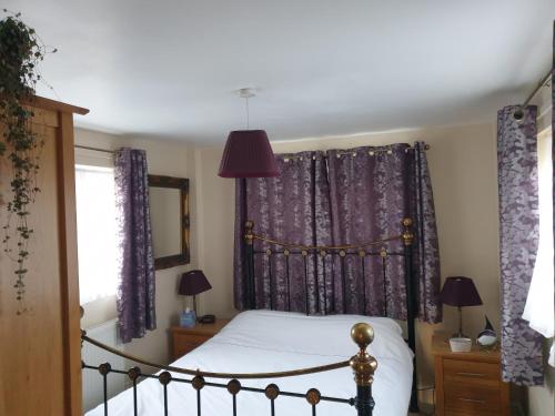 Schlafzimmer mit einem Bett mit lila Vorhängen in der Unterkunft The Summer Room in Norwich