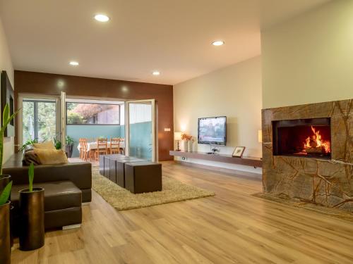 a living room with a fireplace and a couch at Naturena Agro-Turismo in Durrães