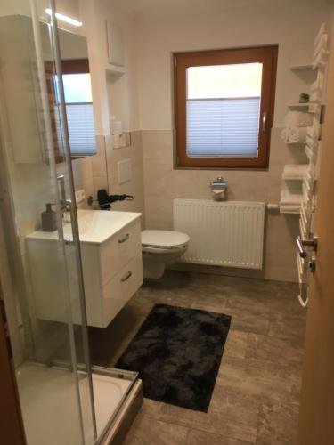 a bathroom with a sink and a toilet and a window at Schröckhof in Stuhlfelden