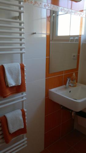 a bathroom with a sink and a mirror at Vila Patricie in Luhačovice