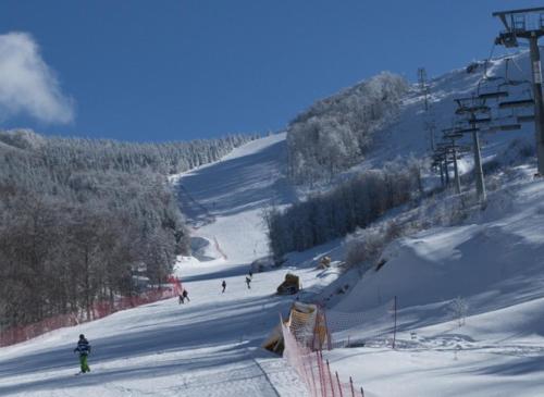 a group of people skiing down a snow covered slope at Garni hotel Mali predah - novi deo in Knjazevac.