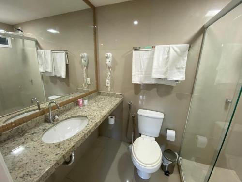 La salle de bains est pourvue de toilettes, d'un lavabo et d'un miroir. dans l'établissement VG FUN 131 Praia do Futuro, à Fortaleza