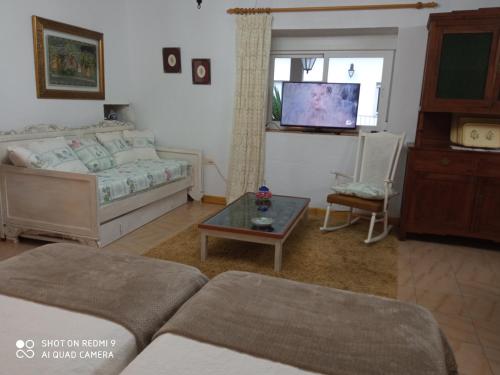 a living room with a couch and a tv at Casa MiraXurés con vistas a la Sierra del Xurés in Ourense