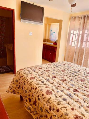 a bedroom with a bed and a television on the wall at Solet's Paradise Negril in Negril