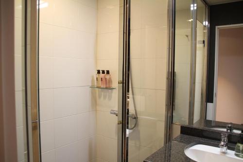 a bathroom with a shower and a sink at The Ridge Hakuba Hotel & Apartments in Hakuba