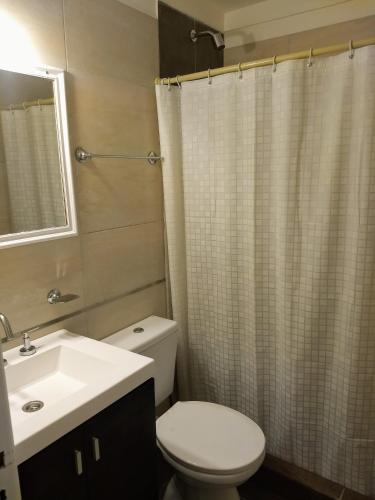 a bathroom with a toilet and a sink and a shower at Apartamento Libra 6 in Villa Gesell