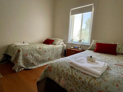 sypialnia z 2 łóżkami i oknem w obiekcie Lambert Estate Retreat w mieście Angaston