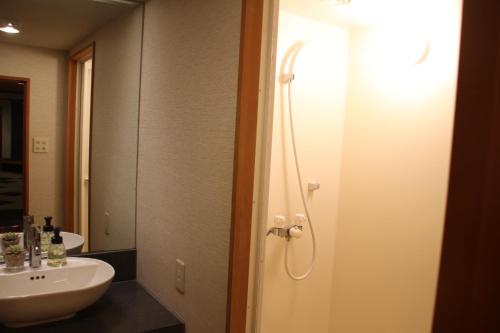 a bathroom with a white sink and a shower at The Ridge Hakuba Hotel & Apartments in Hakuba