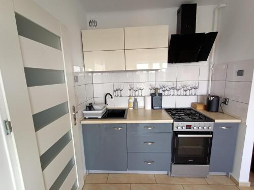 a small kitchen with a sink and a stove at Perfekt place in Oświęcim