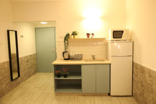 a kitchen with a white refrigerator and a microwave at Bait Alfa Kibbutz Country Lodging in Bet Alfa