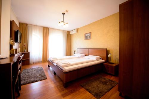 a bedroom with a large bed and a large window at Pensiunea Normandia in Timişoara