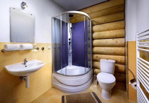 a bathroom with a shower and a toilet and a sink at High Tatras Chalet in Vysoke Tatry - Strbske Pleso