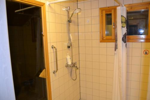 a bathroom with a shower with a shower curtain at Villa Seven in Rovaniemi