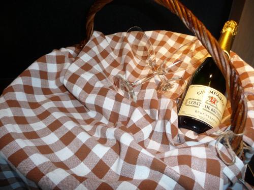 a bottle of wine in a picnic basket at B&B “Te Warskip bij BlokVis” in Medemblik