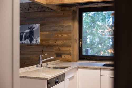 uma cozinha com um lavatório e uma janela em Villa Alpenhof em Saas-Almagell