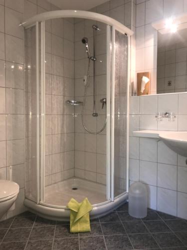La salle de bains est pourvue d'une douche avec une porte en verre. dans l'établissement Hotel Garni Aurora, à Samnaun