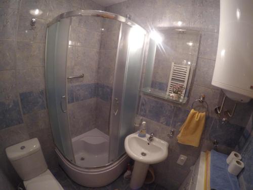 a bathroom with a shower and a toilet and a sink at Kristal in Banja Koviljača