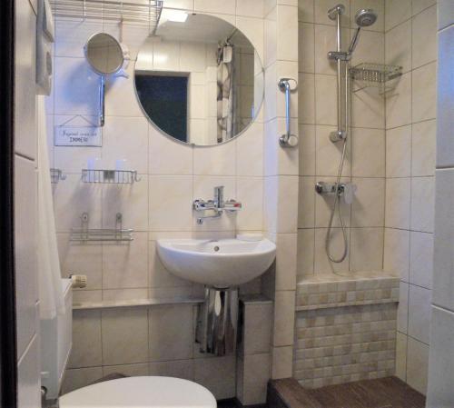 ツィングストにあるFerienwohnungen/Ferienzimmer Seidelのバスルーム(洗面台、トイレ、鏡付)