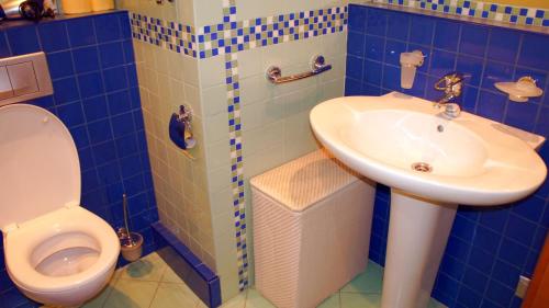 モスクワにあるApartment Na 3ey Marinoy Roshiの青いタイル張りのバスルーム(トイレ、シンク付)